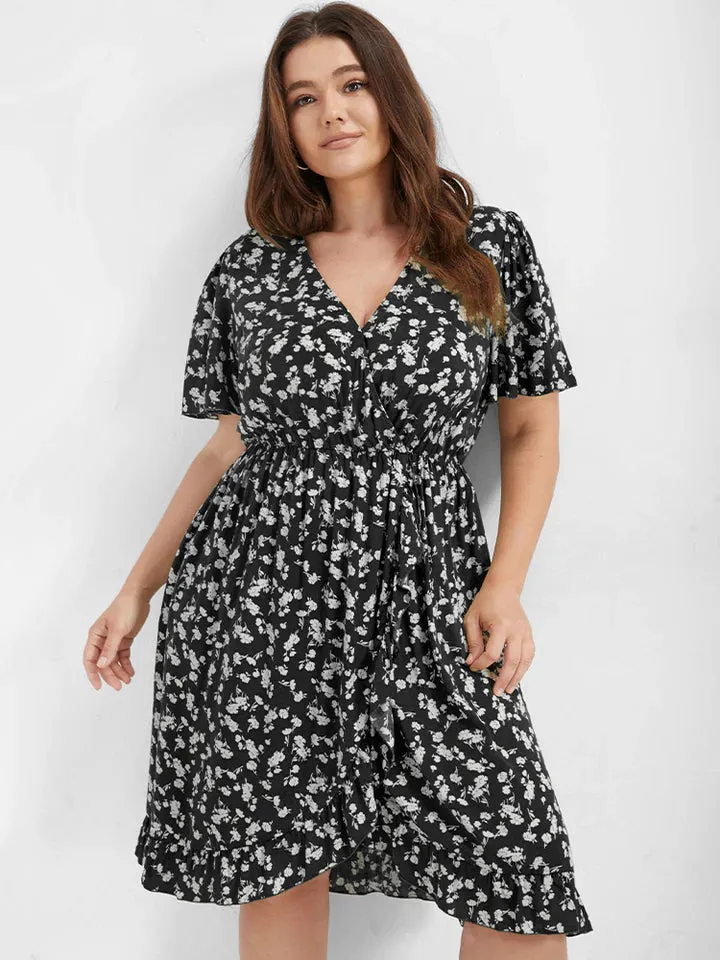 BloomChic Ditsy Floral Elastic Waist Wrap V-Neck Dress