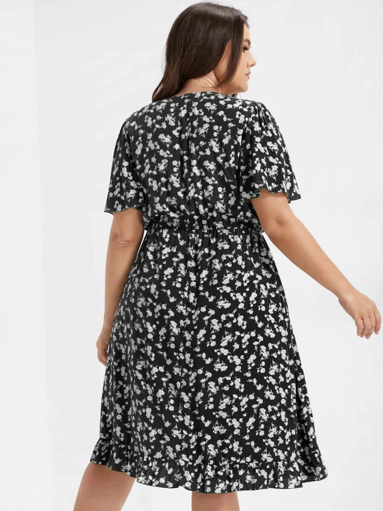 BloomChic Ditsy Floral Elastic Waist Wrap V-Neck Dress