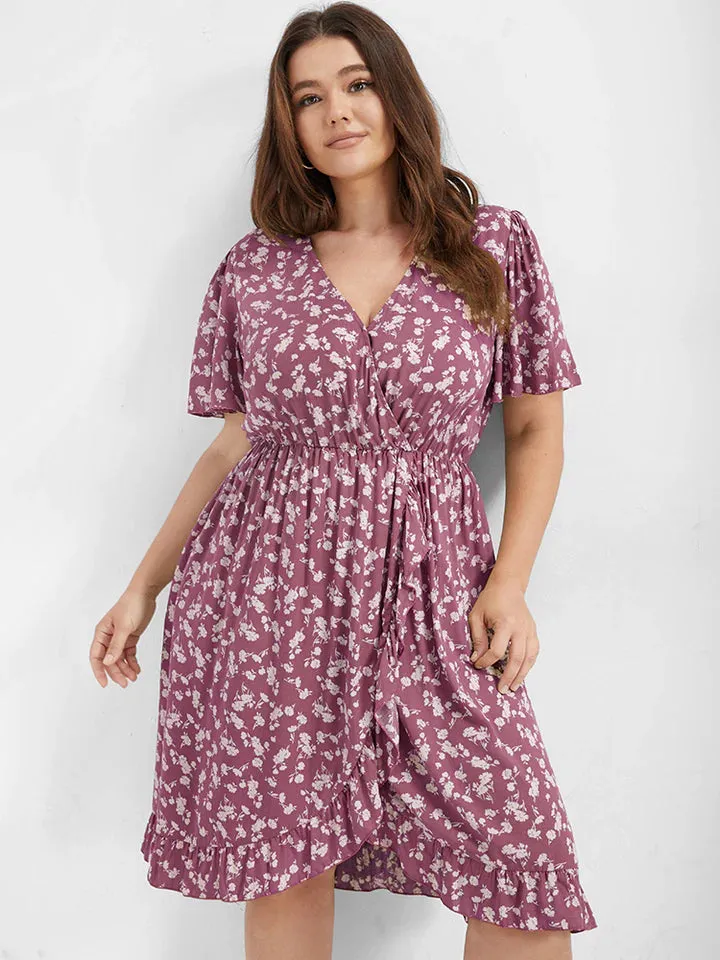 BloomChic Ditsy Floral Elastic Waist Wrap V-Neck Dress