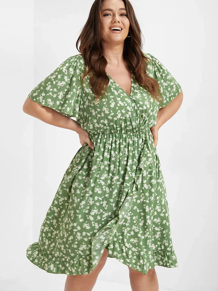 BloomChic Ditsy Floral Elastic Waist Wrap V-Neck Dress