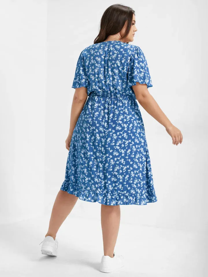 BloomChic Ditsy Floral Elastic Waist Wrap V-Neck Dress