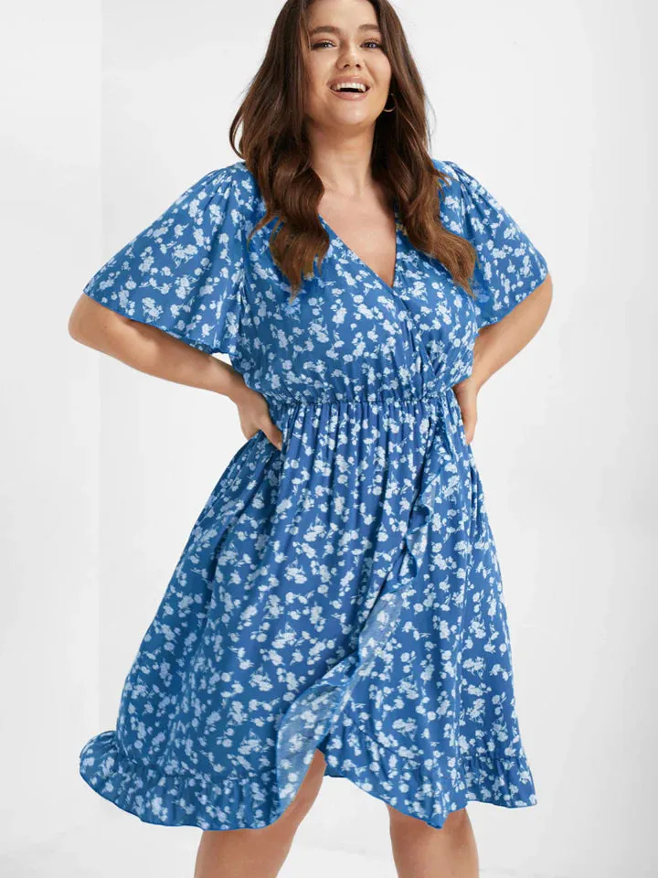 BloomChic Ditsy Floral Elastic Waist Wrap V-Neck Dress