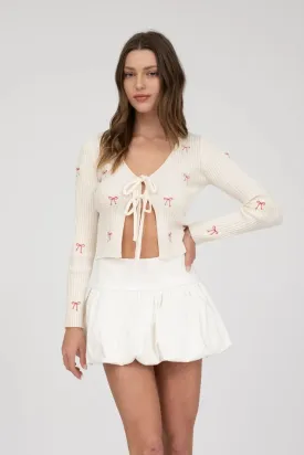 Blu Pepper Cutesy Bows Cardi – Embroidered Knit Cardigan with Tie Front