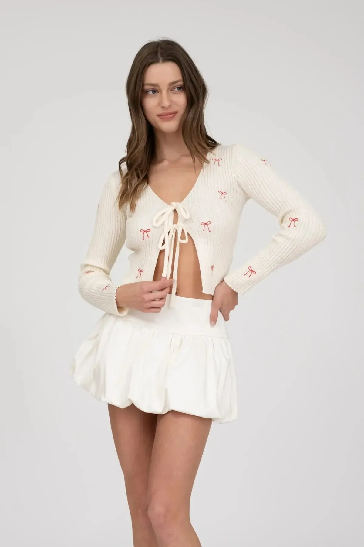 Blu Pepper Cutesy Bows Cardi – Embroidered Knit Cardigan with Tie Front