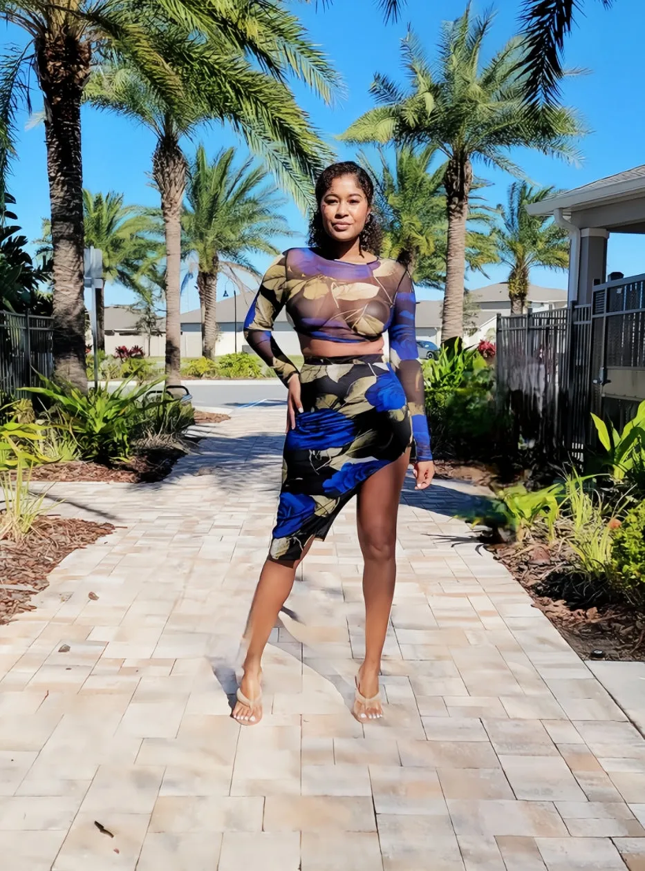 Blue Floral 2pc Skirt Set
