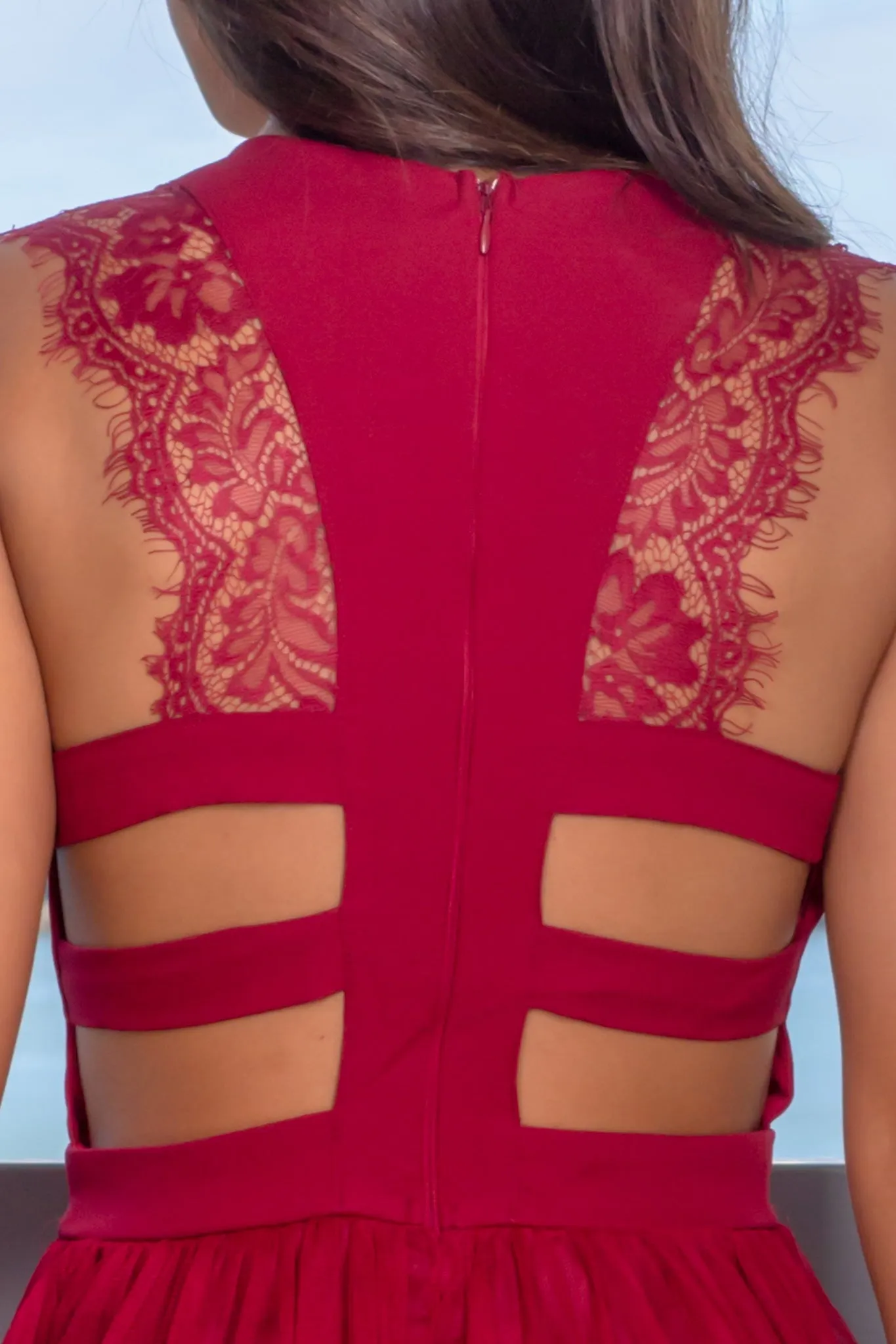 Burgundy Short Dress with Lace Detail