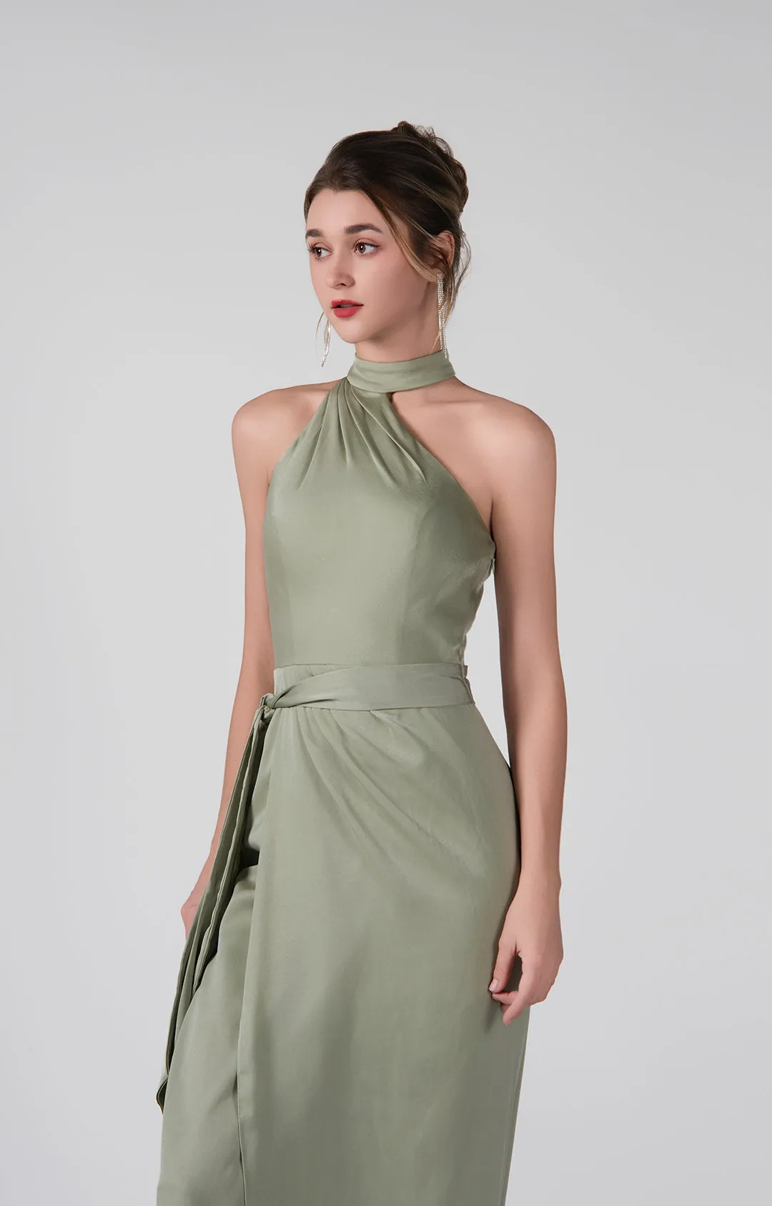 Halter Neckline Self-Tie Waist Front Slit