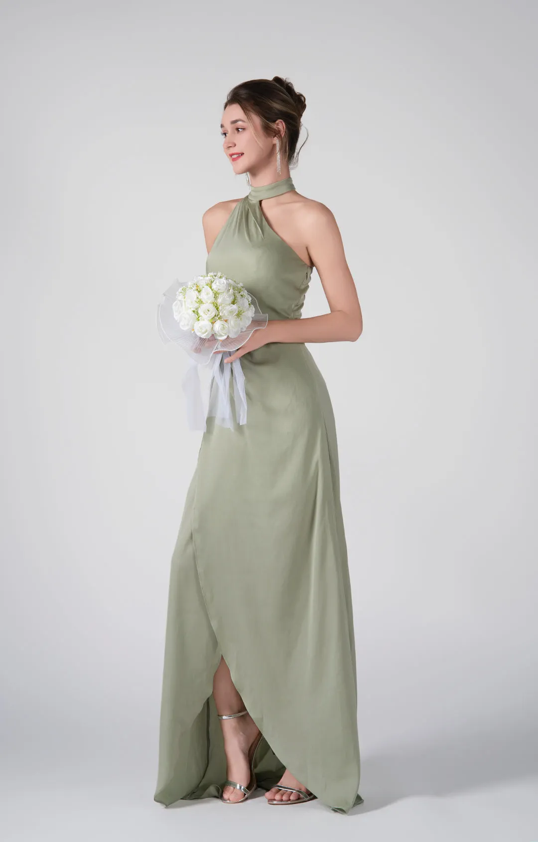 Halter Neckline Self-Tie Waist Front Slit