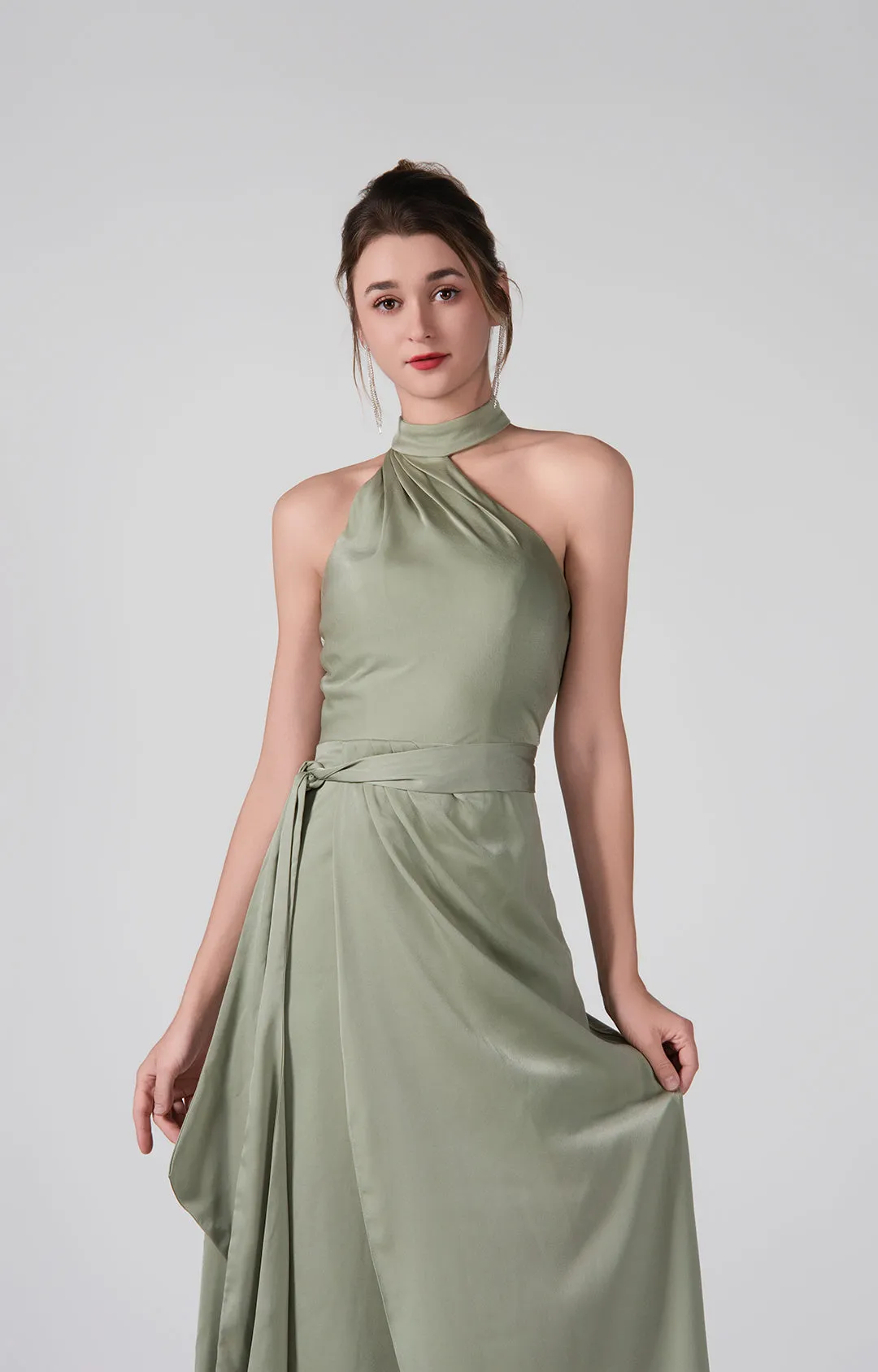 Halter Neckline Self-Tie Waist Front Slit