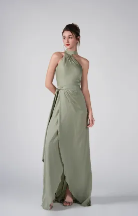 Halter Neckline Self-Tie Waist Front Slit