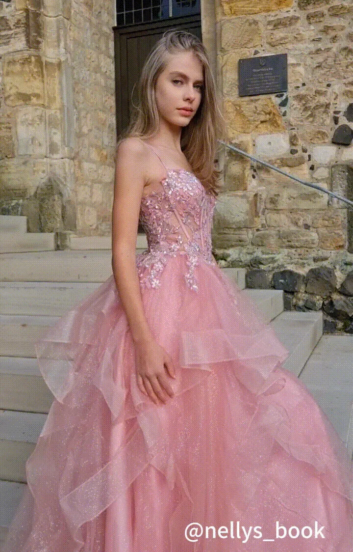 Heart Neckline Spaghetti Straps Beaded Sequins Puffy Dresses