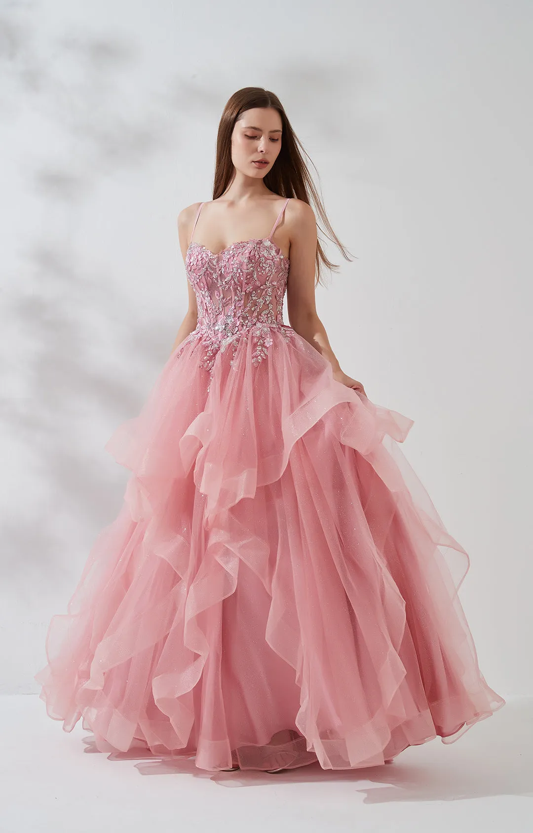 Heart Neckline Spaghetti Straps Beaded Sequins Puffy Dresses