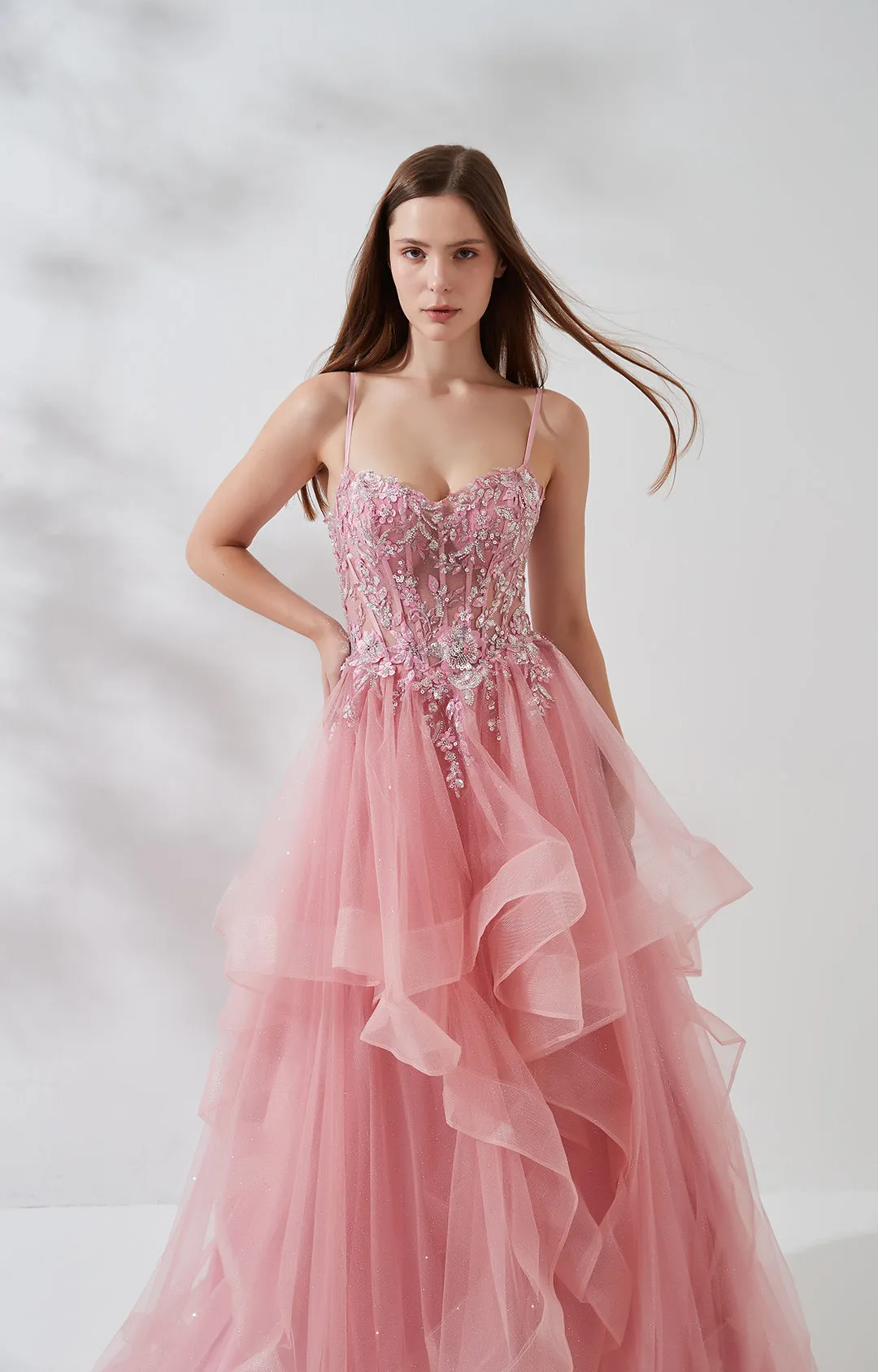 Heart Neckline Spaghetti Straps Beaded Sequins Puffy Dresses