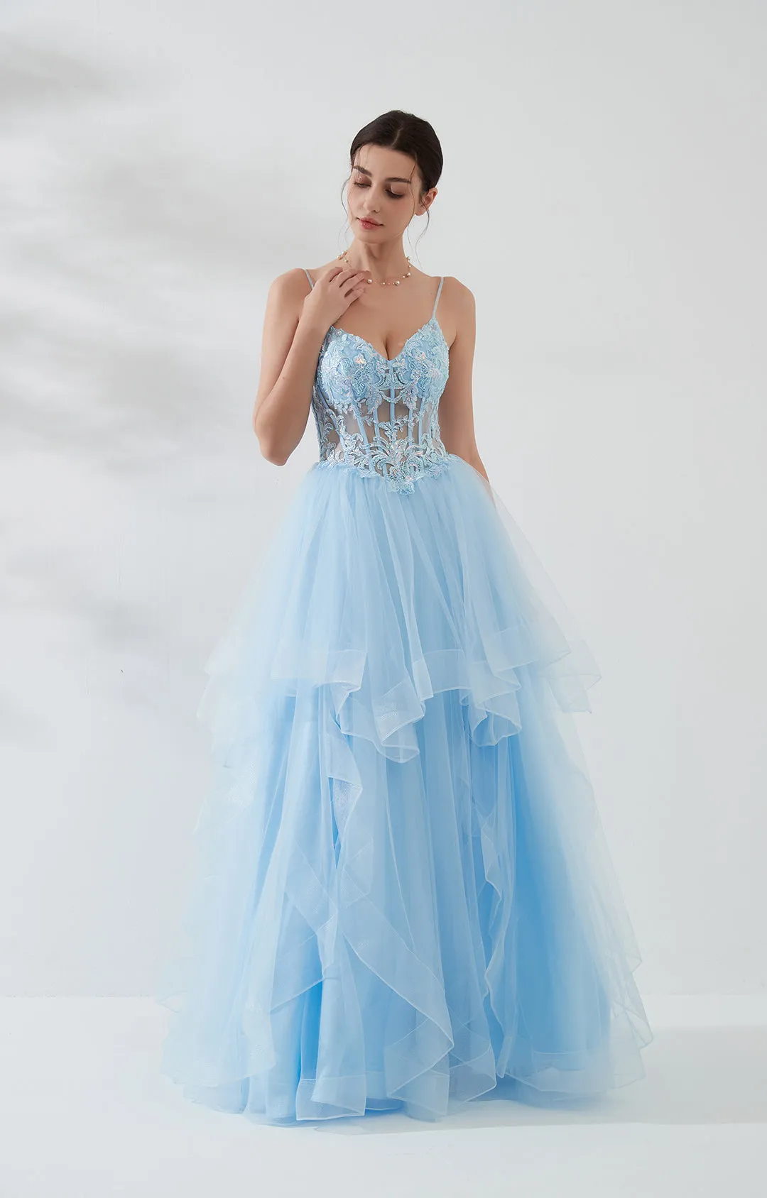 Heart Neckline Spaghetti Straps Beaded Sequins Puffy Dresses