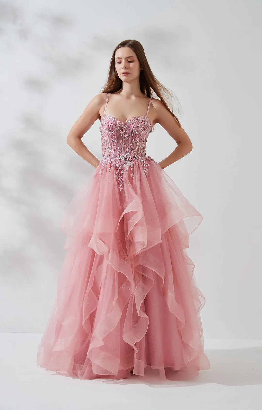 Heart Neckline Spaghetti Straps Beaded Sequins Puffy Dresses