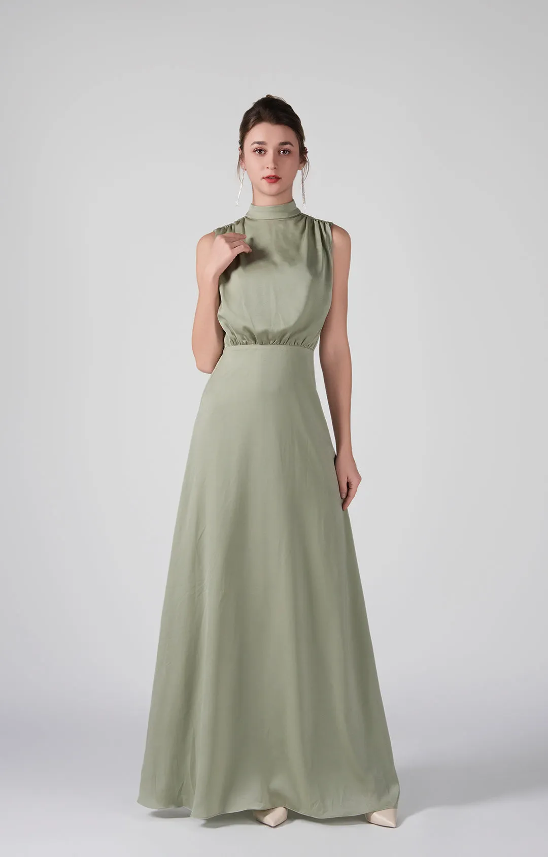 High Neckline Sleeveless Gathered Waist Dresses