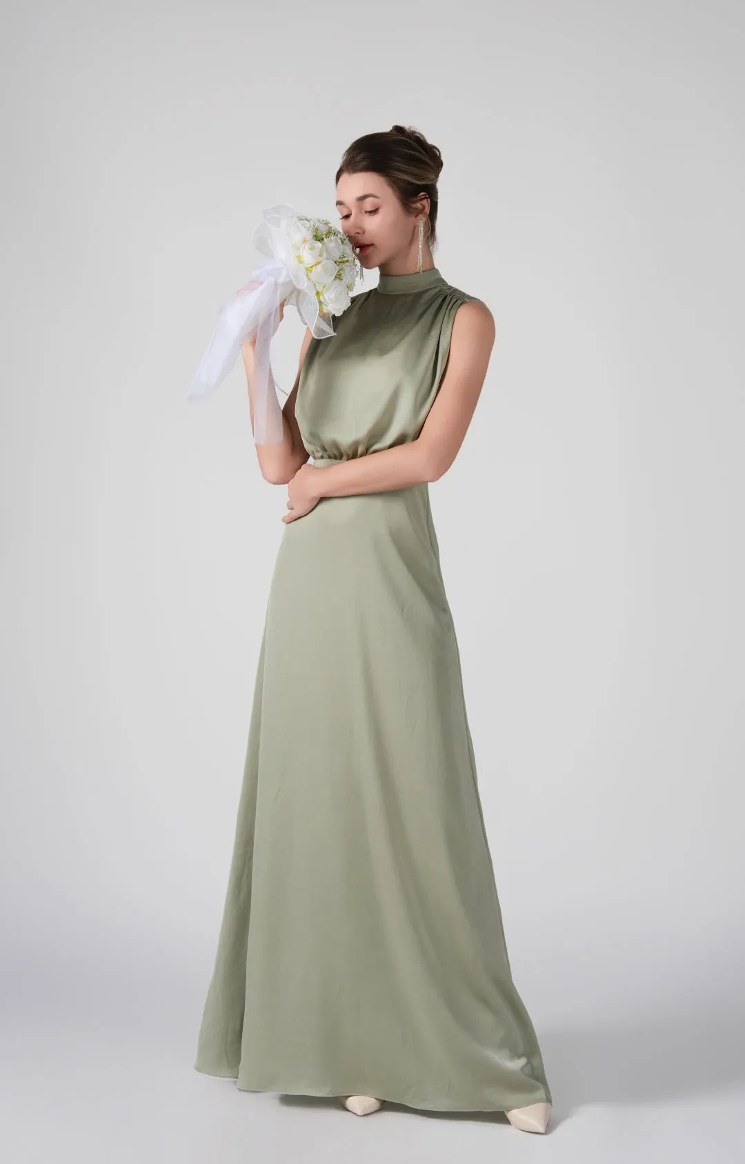 High Neckline Sleeveless Gathered Waist Dresses