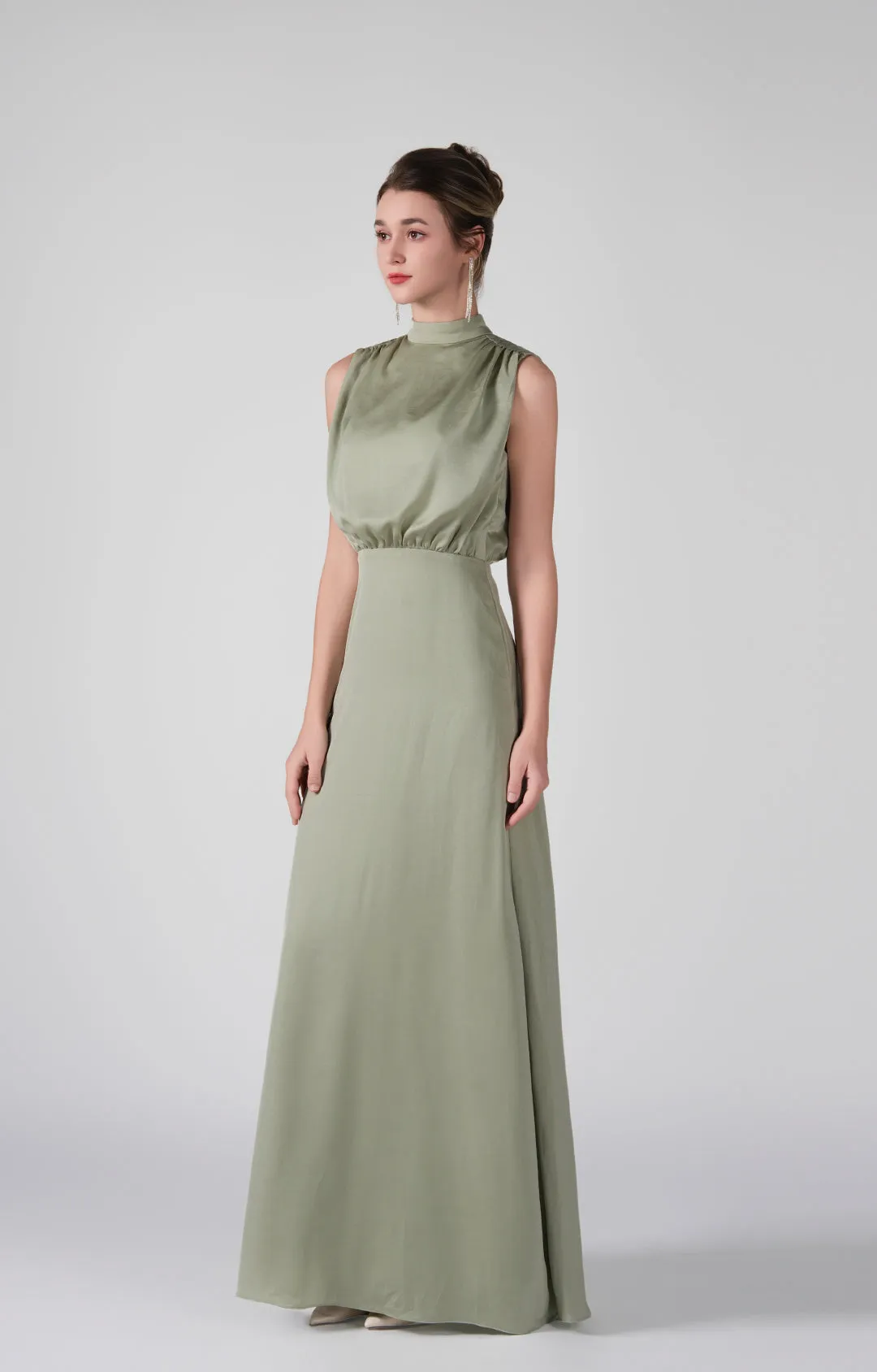 High Neckline Sleeveless Gathered Waist Dresses