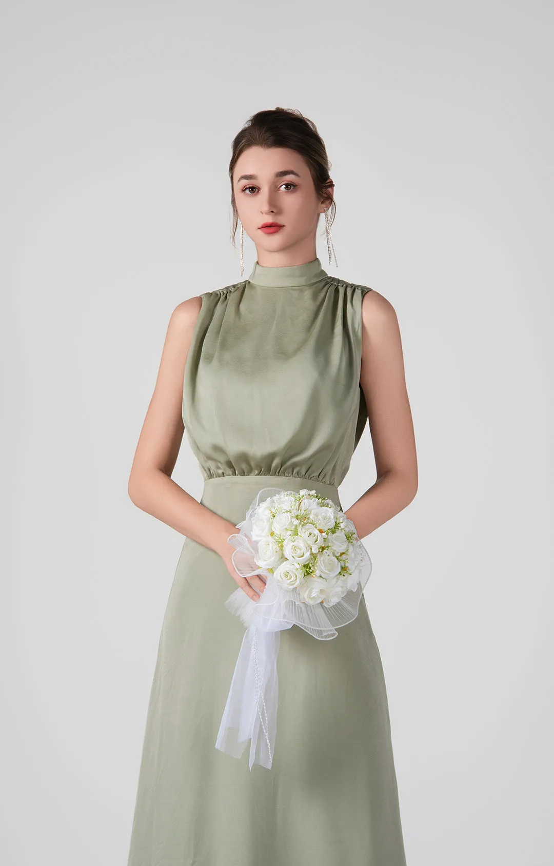 High Neckline Sleeveless Gathered Waist Dresses