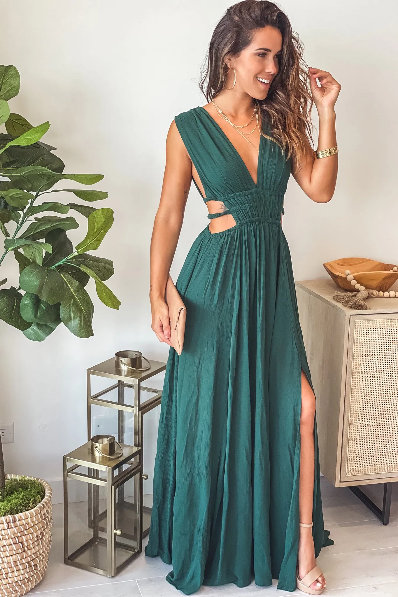 Hunter Green V-Neck Maxi Dress With Cut Out And  Slit