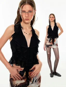 Lace Trim Ruffled Halter Top