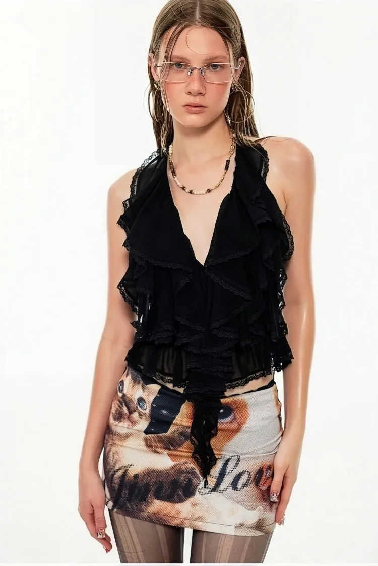 Lace Trim Ruffled Halter Top