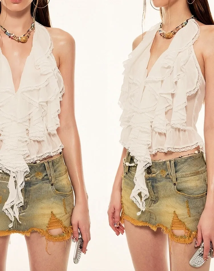 Lace Trim Ruffled Halter Top