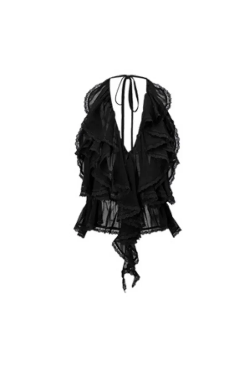 Lace Trim Ruffled Halter Top