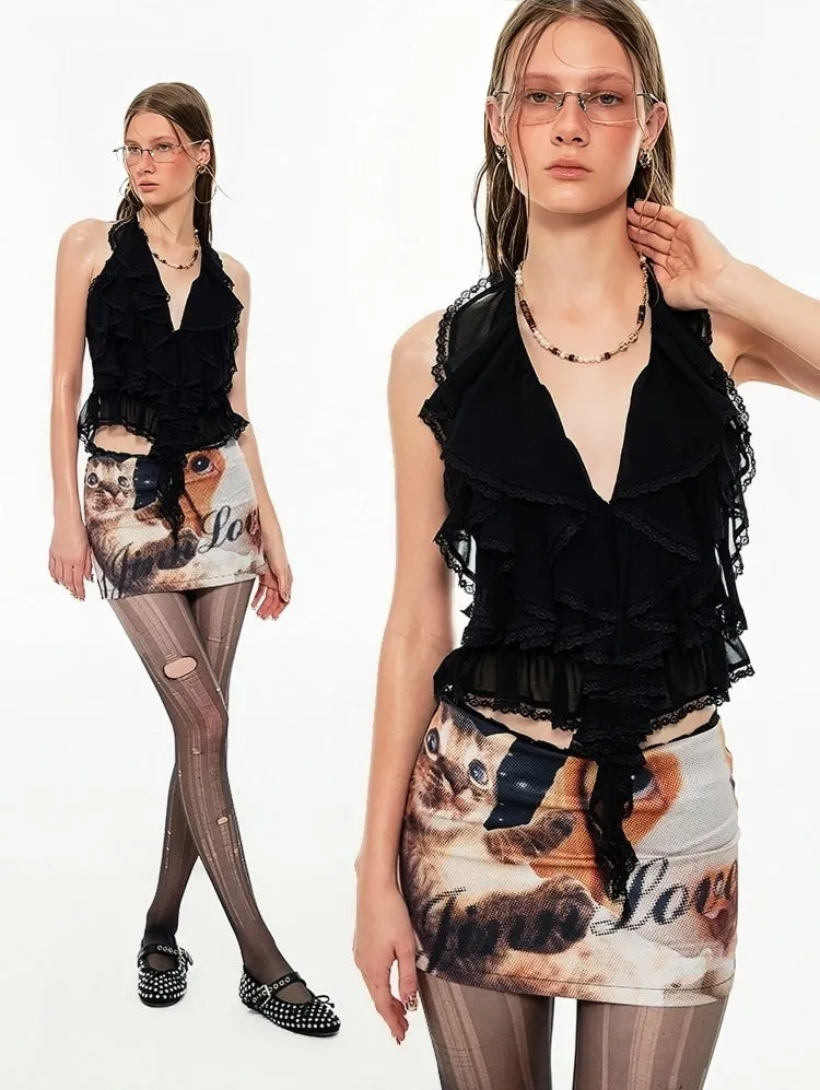 Lace Trim Ruffled Halter Top
