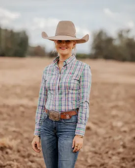 Ladies Slim Fit Long Sleeve Shirt Green Pink Plaid