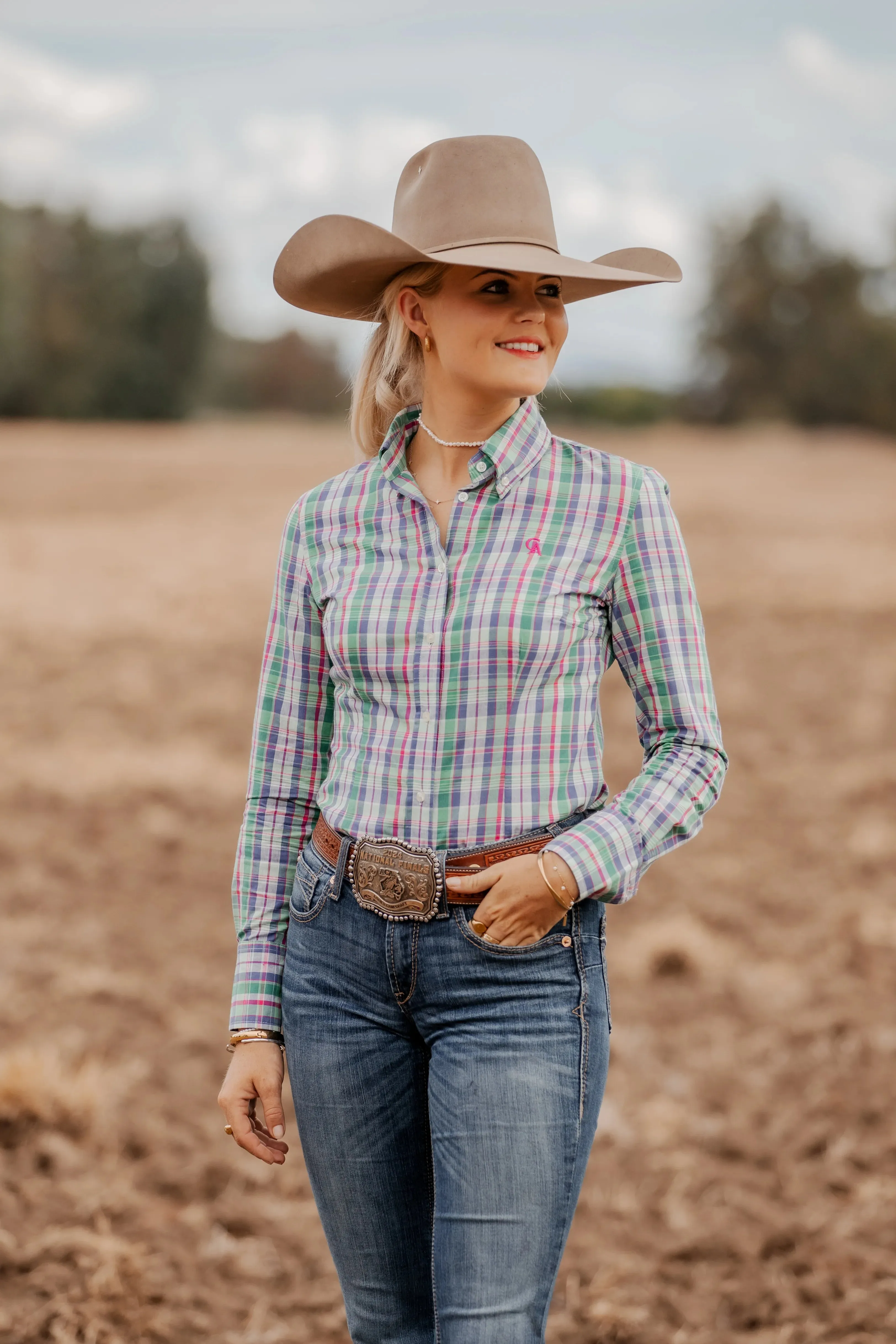 Ladies Slim Fit Long Sleeve Shirt Green Pink Plaid