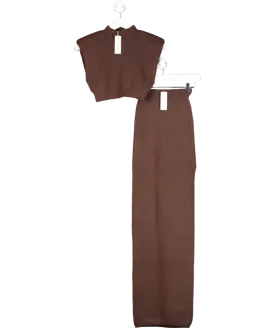 Naked Wardrobe Brown Knit Sweater High Slit Maxi Skirt UK S