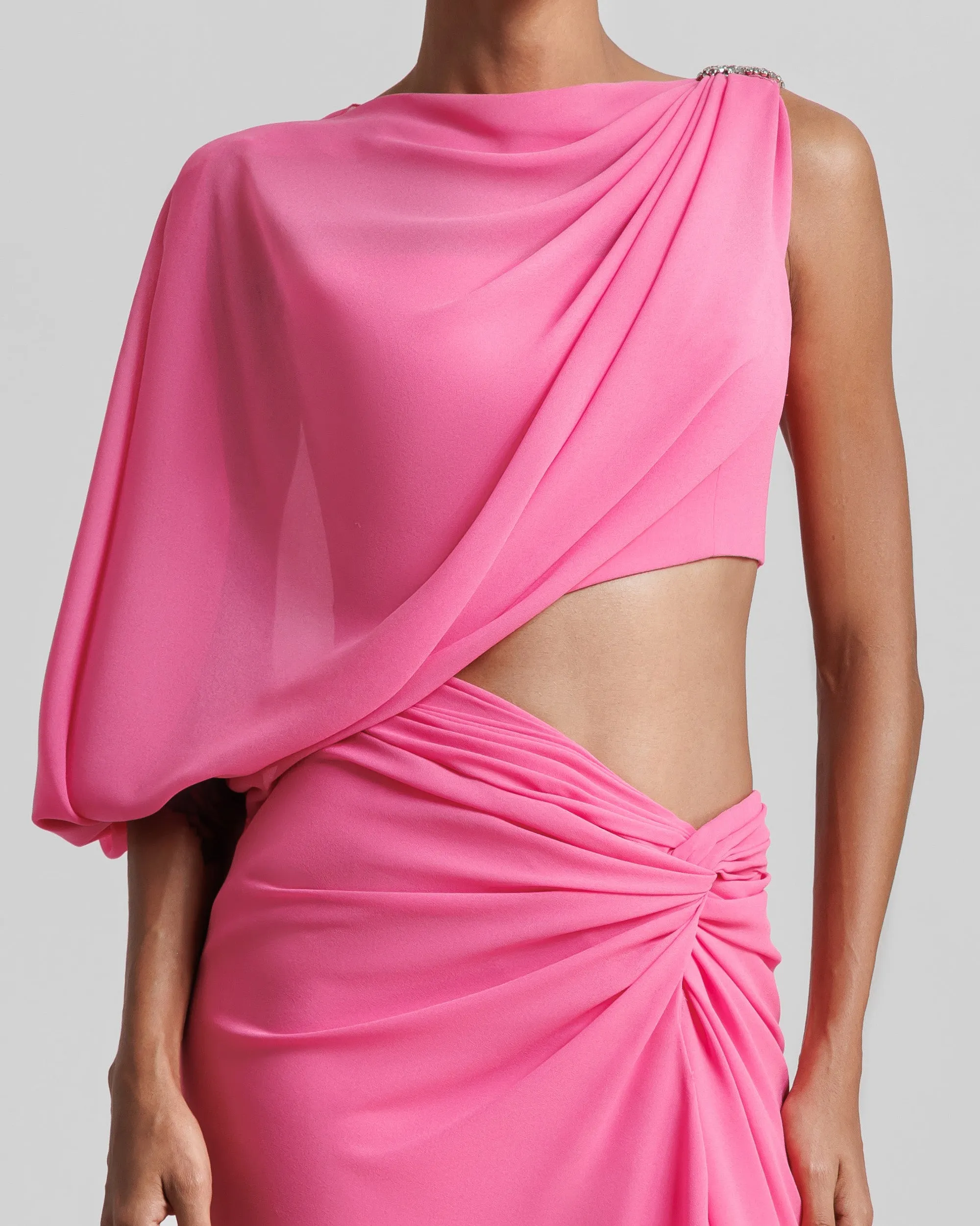 One Sleeve Candy Pink Long Dress
