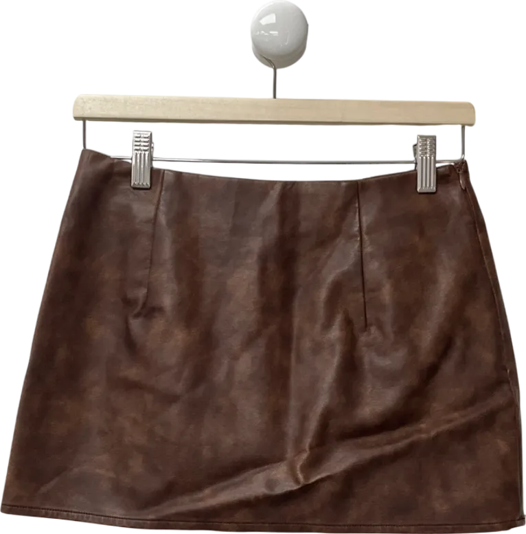 PrettyLittleThing Premium Brown Washed Faux Leather Pocket Detail Low Rise Micro Mini Skirt UK 8