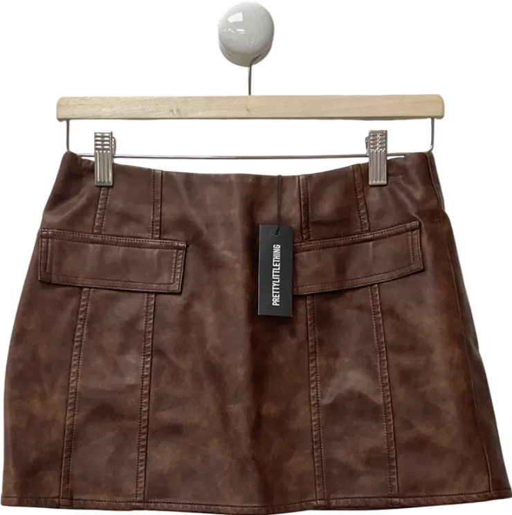 PrettyLittleThing Premium Brown Washed Faux Leather Pocket Detail Low Rise Micro Mini Skirt UK 8
