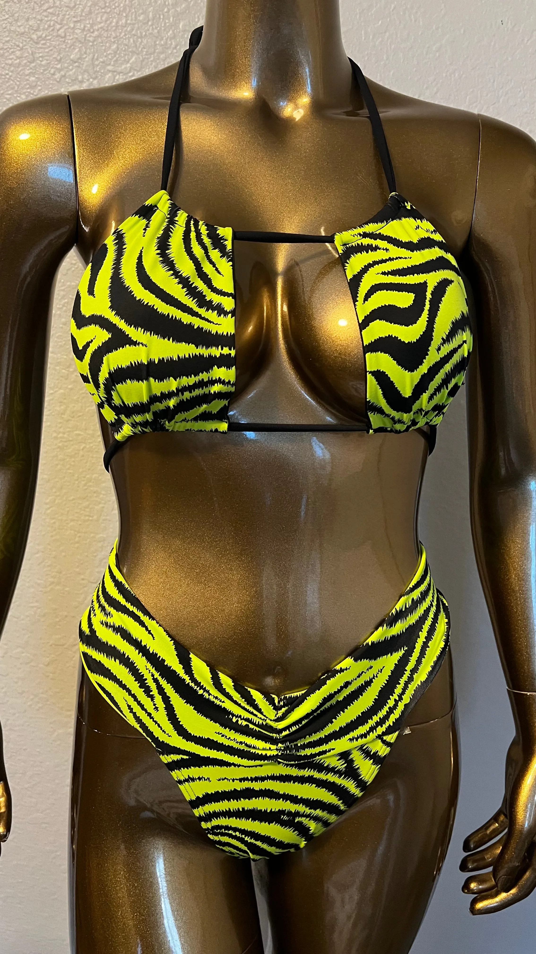 Square Strappy Bikini Top- Neon Zebra