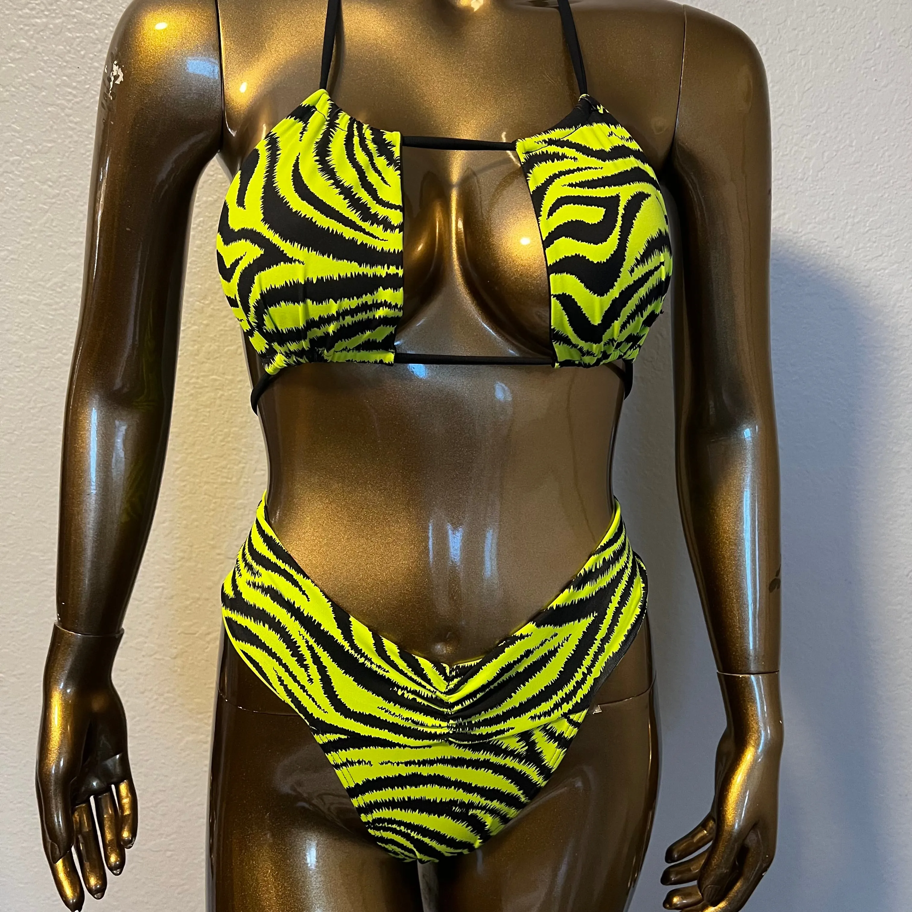 Square Strappy Bikini Top- Neon Zebra
