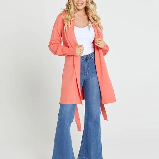 Tabitha Knit Belted Midi cardi - Coral