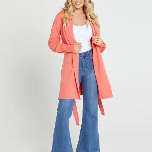 Tabitha Knit Belted Midi cardi - Coral