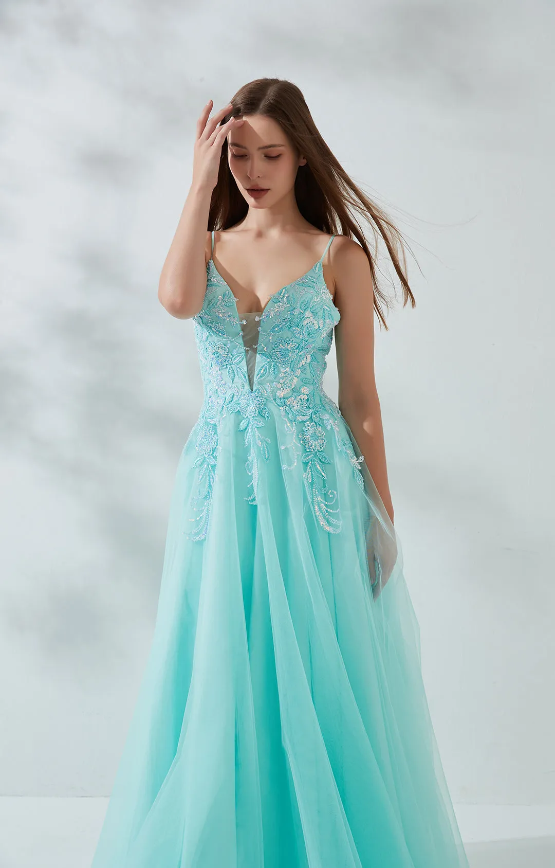 V-Neck Spaghetti Strap Sequin Embroidered Floor Length Prom Dress