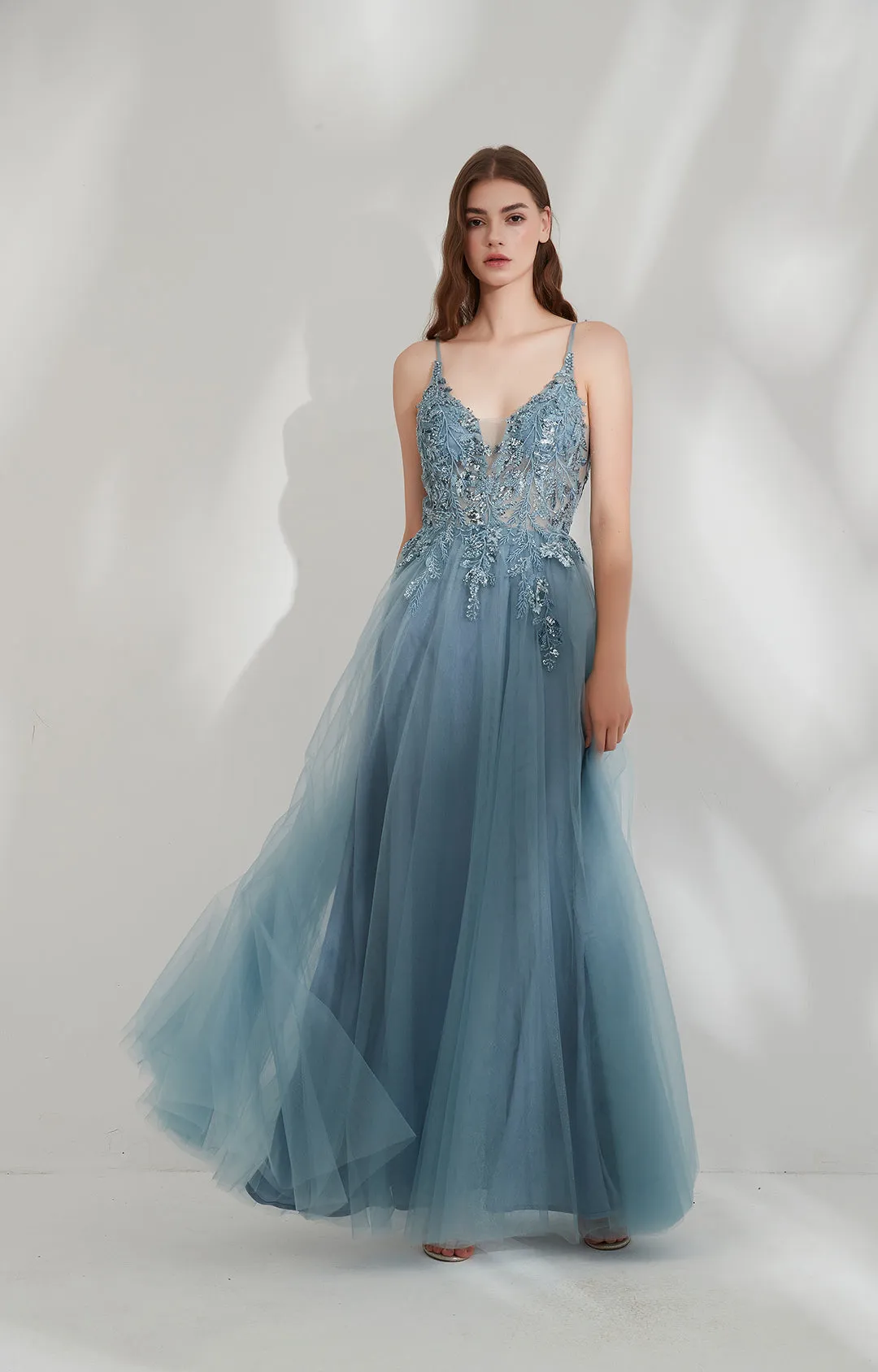 V-Neck Spaghetti Straps Sequin Appliqued Prom Dresses