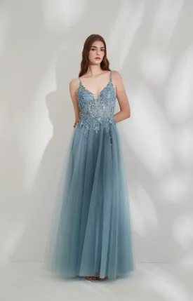 V-Neck Spaghetti Straps Sequin Appliqued Prom Dresses