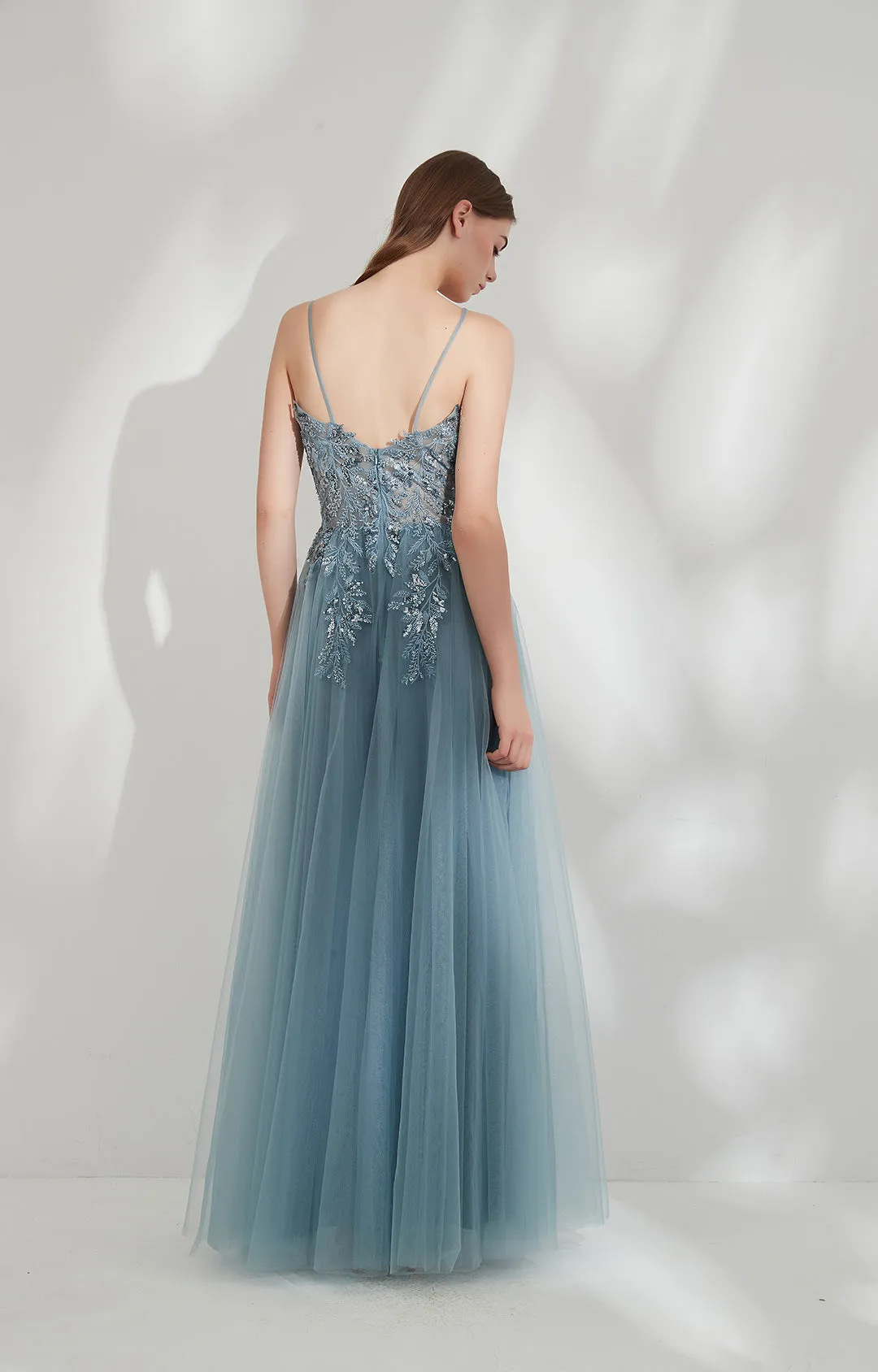 V-Neck Spaghetti Straps Sequin Appliqued Prom Dresses