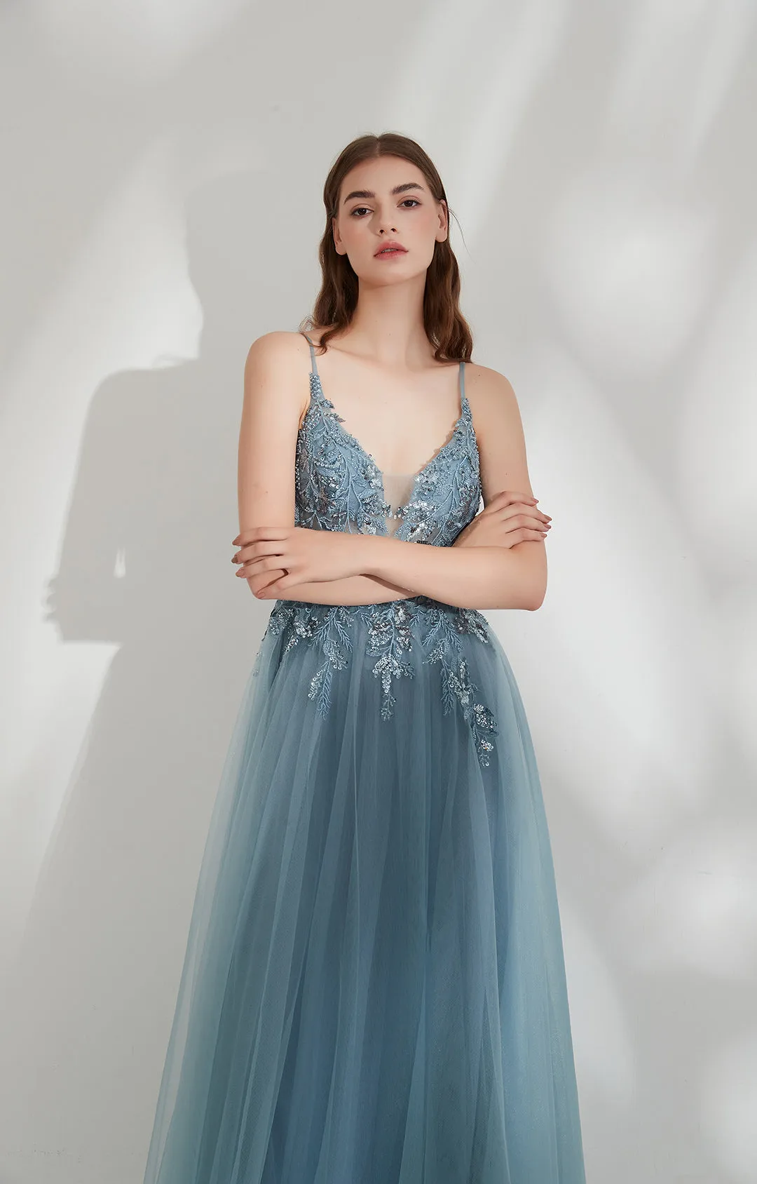 V-Neck Spaghetti Straps Sequin Appliqued Prom Dresses