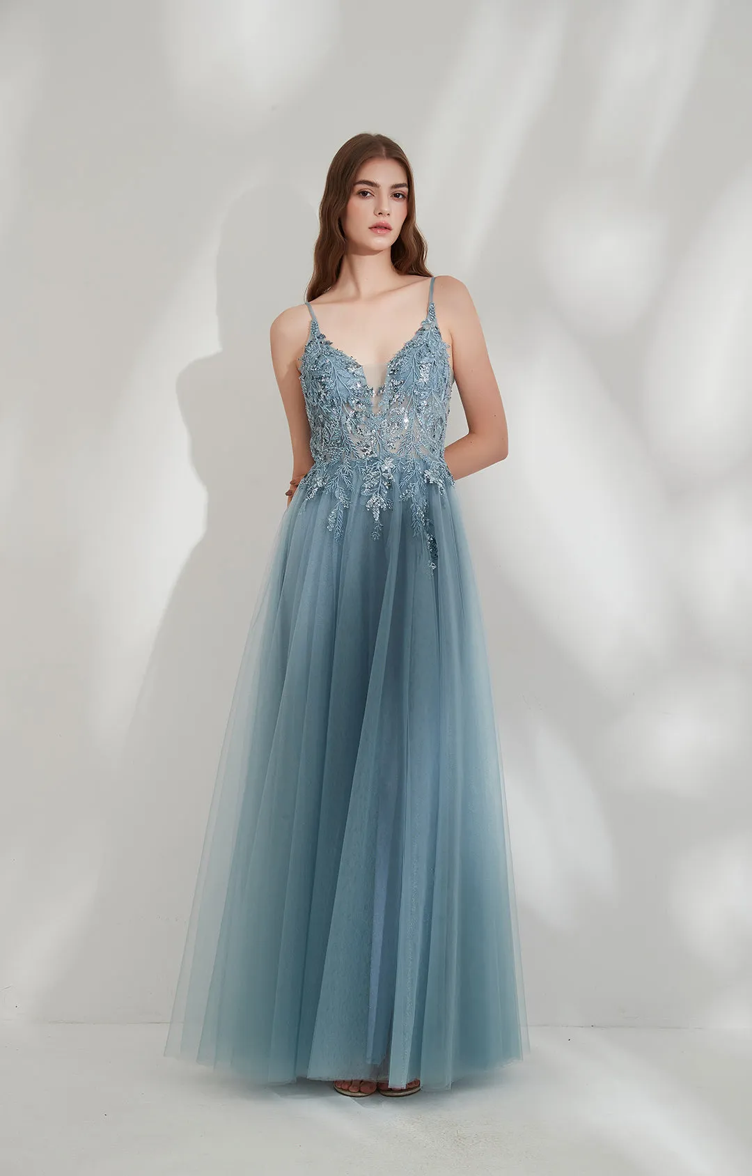 V-Neck Spaghetti Straps Sequin Appliqued Prom Dresses