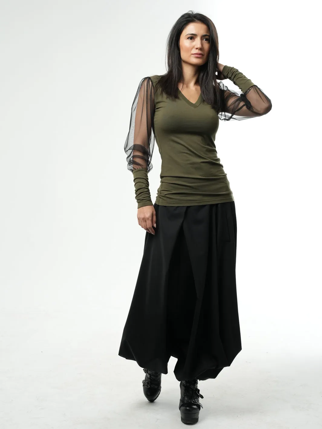 V-Neck Top With Tulle Sleeves In Khaki