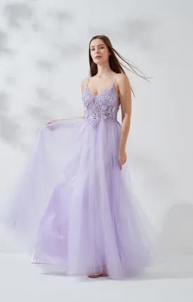 V-neck Wide Strap Lace Embroidered Appliqué Floor Length Dress
