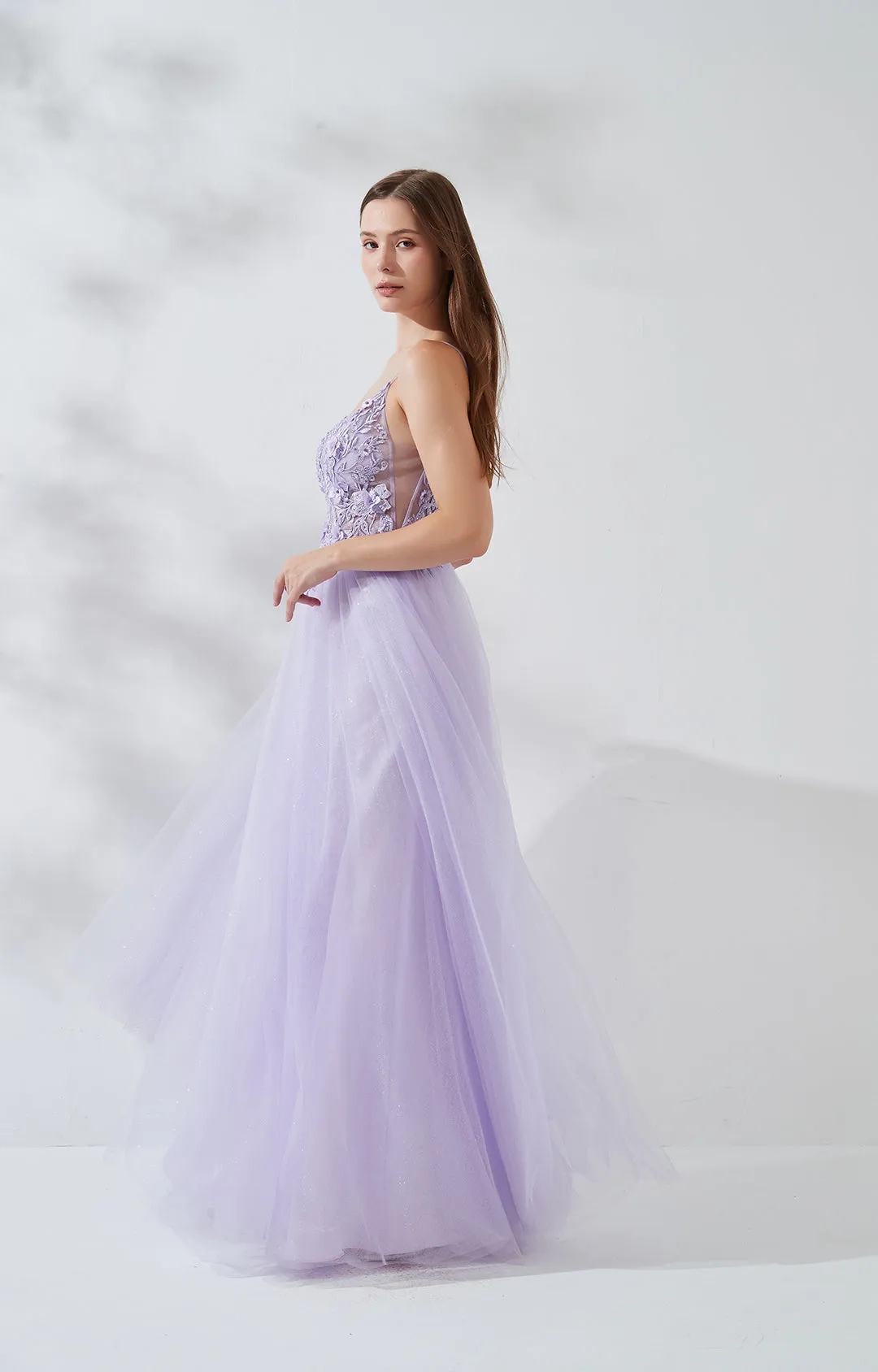 V-neck Wide Strap Lace Embroidered Appliqué Floor Length Dress