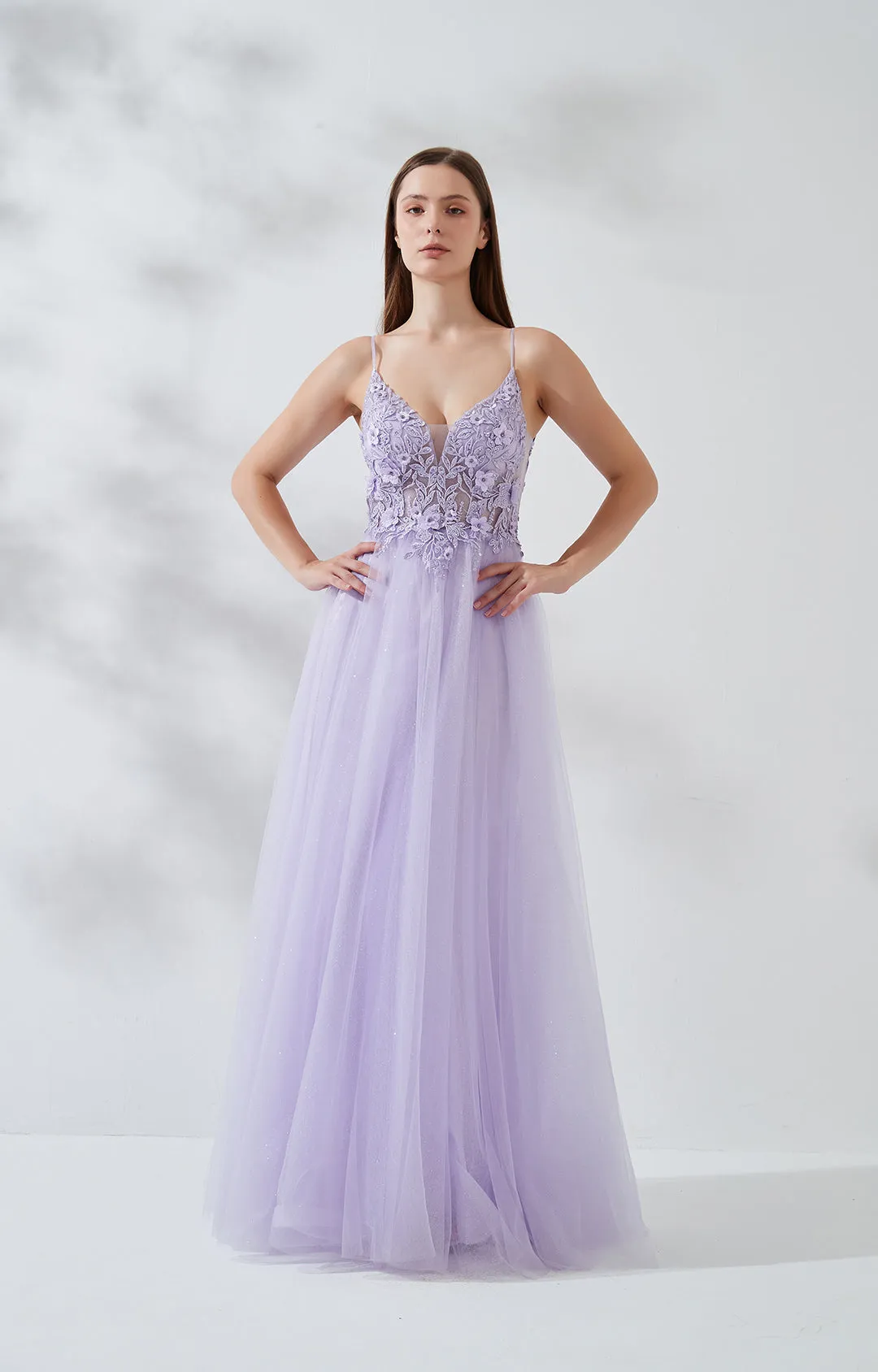 V-neck Wide Strap Lace Embroidered Appliqué Floor Length Dress