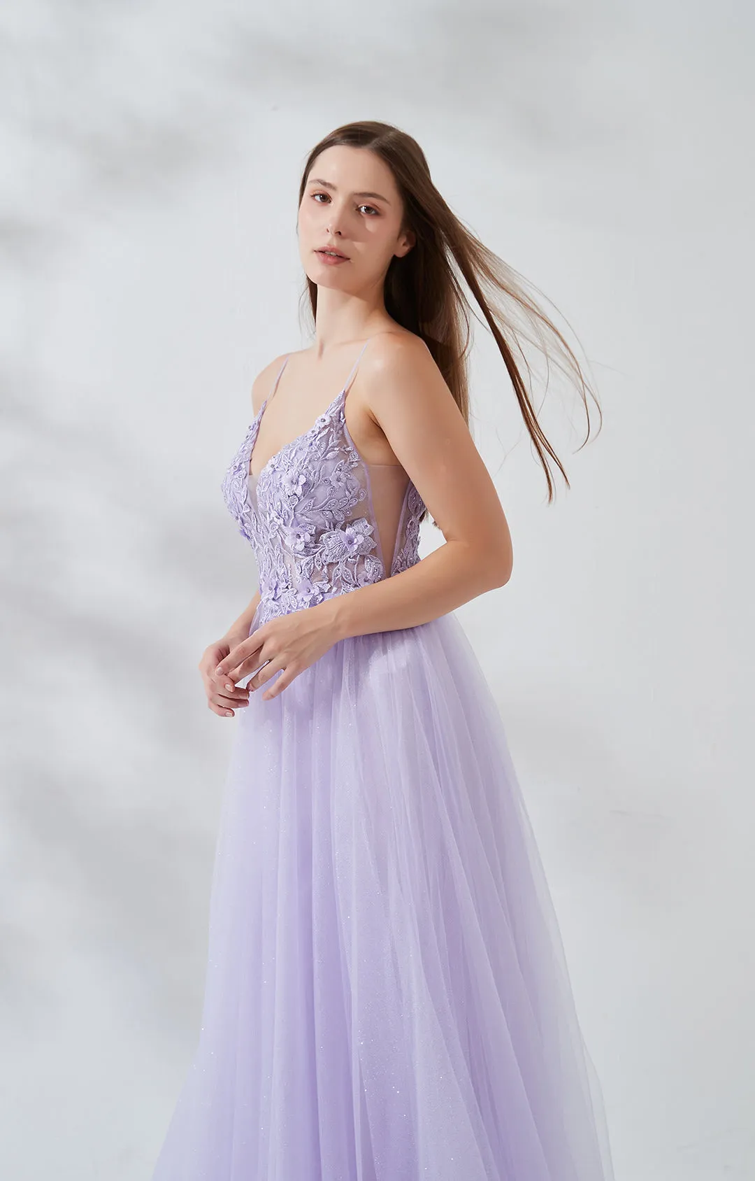 V-neck Wide Strap Lace Embroidered Appliqué Floor Length Dress